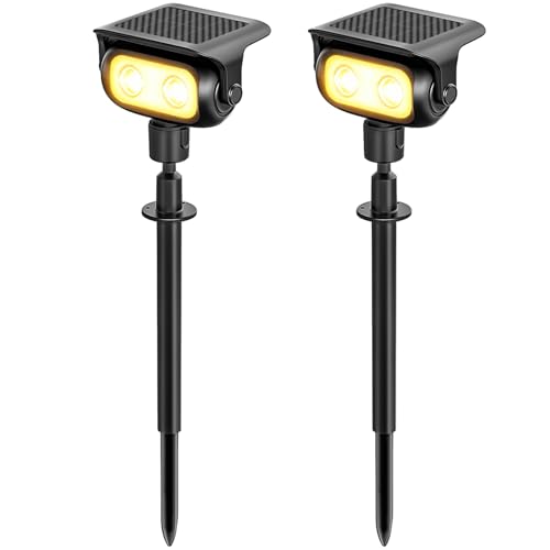 MEEKBOS Faretti Solari LED da Giardino, 2 Pezzi, 200 lm 3000K Luce Calda con Sensore Crepuscolare, IP65 Impermeabili Lampada Solare con Picchetto per Esterno,Giardino, Prato e Vialetti