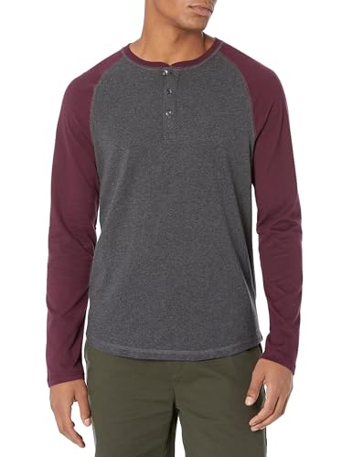 Amazon Essentials Herren Langärmeliges Henley-Shirt, Schmale Passform, Burgunderrot/Dunkelgrau Meliert, L