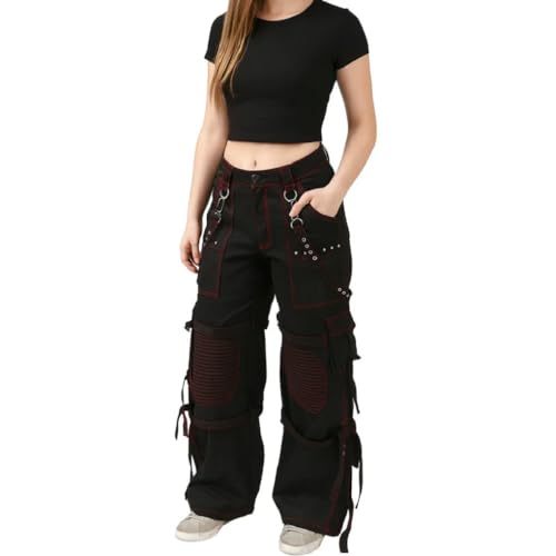 Women Gothic Punk Cargo Pants Metal Straps, Black Wide Leg Trousers with Red Stitching,Streetwear Y2K Alternative Fashion (US, Alpha, XX-Large, Regular, Regular, Black/Red)