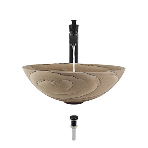 Get Special Price MR Direct 852-726-ABR Stone Vessel Sink in Wood Sandstone with Faucet and Pop-Up Drain in Antique Bronze, 726, Beige