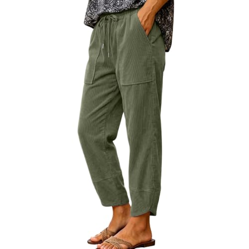 Womens Corduroy Wide Leg Baggy Pant High Waist Drawstring Pocket Split Hem