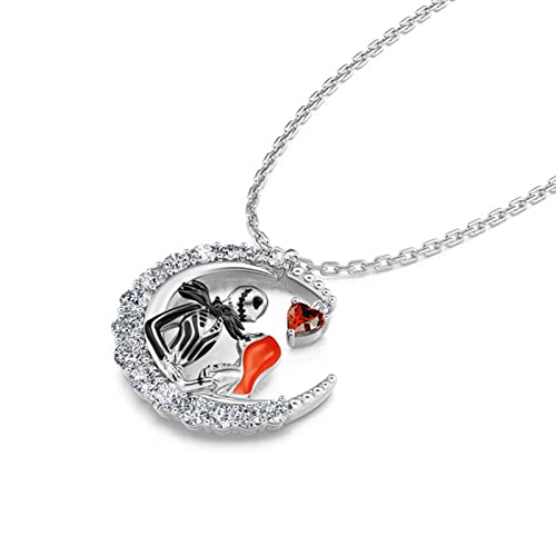 Image of Jeulia Jack Gothic Love Necklace - 925 Sterling Silver Nightmare Pendant Skull Sally Heart Pendant, Spider Web Chain, Halloween Jewelry Gift for Her (Haunted Holidays Inspired)