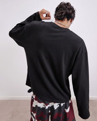 Image of Full Sleeve White & Black Cotton Oversized Solid Men's T-Shirt | Crew Neck Relaxed Fit Long Sleeve Tee | Breathable Winter Layering Essential | Sizes S to XL | TS115-BLK-S