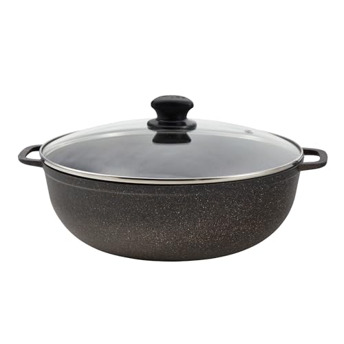 IMUSA 3.5 Qt Fuzion Caldero with Speckled Nonstick Coating and Glass Lid, Aluminum Oven Pot with Steam Vent and Side Handles, Black