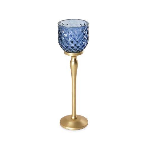 Image of Pure Home Blue Diamond Cut Hurricane - Large | Size: 9 x 9 x 24 cm | Premium Hurricanes for Home Decor | Table Top & Shelf Decor Showpiece | Ideal for Housewarming & Wedding Gifts | Premium | Pack of 1
