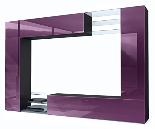 Vladon Wohnwand Mirage, Made in Germany, Anbauwand mit Rückwand mit 2 Türen, 2 Klappen und 6 offenen Glasablagen, Schwarz matt/Brombeer Hochglanz (262 x 183 x 39 cm)