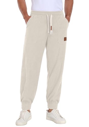 Askdeer Mens Corduroy Joggers Pants Casual Cargo Pants Drawstring Elastic Waist Baggy Tapered Sweatpants with 3 Pockets Beige - Main Image