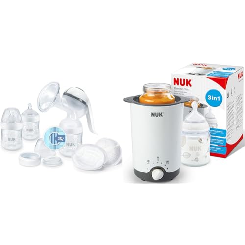 NUK Nature Sense Handmilchpumpe | Still-Set mit Handmilchpumpe, Babyflaschen & Ultra Dry Comfort Stilleinlagen | 6 Stück & Thermo 3in1 Babyflaschenwärmer | schonendes Auftauen