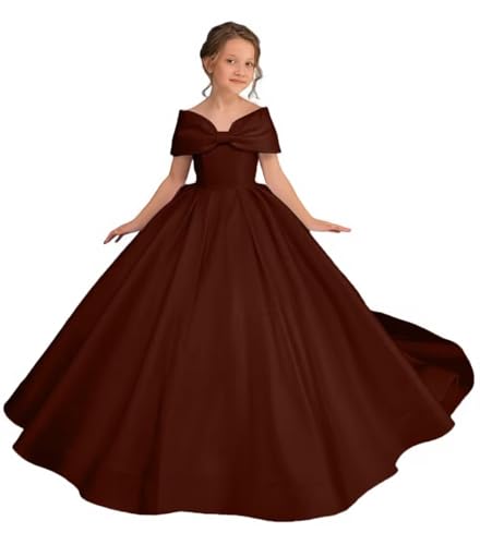 Satin Flower Girl Dress for Wedding Off Shoulder Ball Gowns for Kids Long Princess Pageant Dresses with Bow-Knot