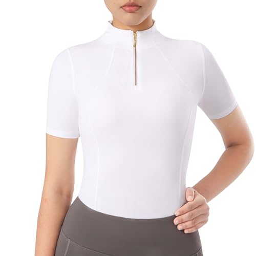 Harrison Howard Equestrian Tops for Women Short Sleeve Quick-Dry UPF 50+ Horse Riding Shirt Breathable Top with Quarter Zip White S