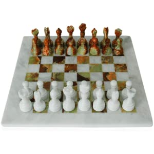 Scacchiera da Tavolo con Pedine in Marmo Bianco e Verde Naturale Italian Marble Table Chessboard with Pawns 30x30cm - Scacchiera - 2 Giocatori - Età 8+ Adulti