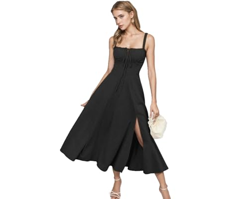 Image of Women Floral Corset Dress 2026 Boho Midi Sundress Summer Dress | Flowy A-Line Dress with Adjustable Spaghetti Straps Lace Up Back Front Slit High Waist for Vacation Wedding Guest