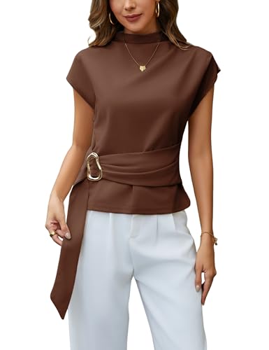 Yeokou Women Buckle Tie Top Stand Collar Belted Short Sleeve Elegant Summer Casual Blouse
