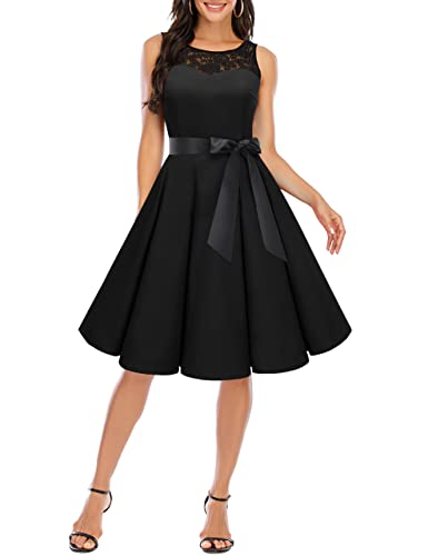 bbonlinedress 1950er Ärmellos Vintage Retro Spitzenkleid Rundhals Abendkleid Black S