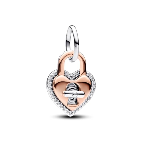 PANDORA Moments Two-Tone Twistable Heart Padlock Double Dangle Charm - Sterling Silver and 14K Rose Gold-Plated Charm with Cubic Zirconia - Jewelry for Women - Includes Gift Box2