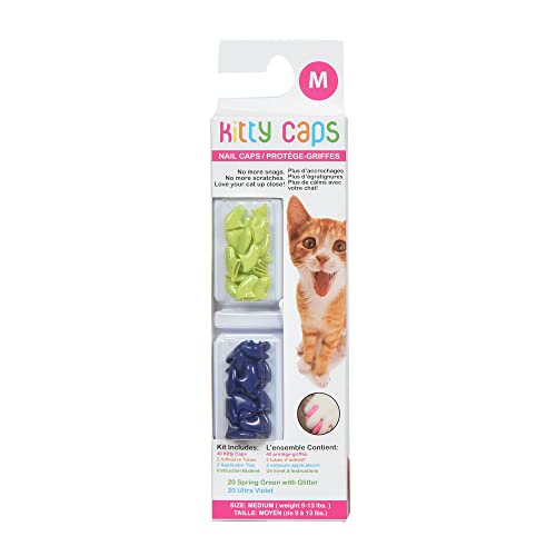 Image of Kitty Caps Nail Caps for Cats Spring Green with Glitter & Ultra Violet - Safe Stops Snags and Scratches, Medium (9-13 lbs), (FF9310PCS3) (Pack of 3)