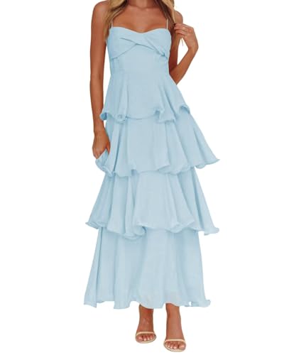YOFF Pleated Chiffon Spaghetti Strap Bridesmaid Dress for Women V Neck Beach Maxi Formal Dresses Tiered Ruffles Prom Cocktail Dress Light Blue US2