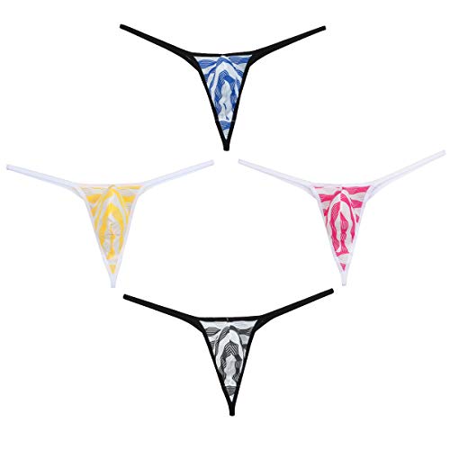 Men's Yarn Thong Bulge Pouch Bikini Wavy Stripe Mini Jacquard Underwear Lace Male Micro G-String 4Pcs M #TOP20