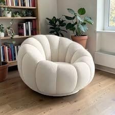 Image of CRAFTCITY Pumpkin Style Wooden Sofa, Contemporary Modern & Cozy Accent Chair for Living Room (Beige, 1 Seater Chair with Ottoman)