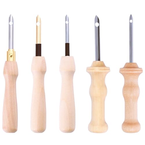 VICASKY 5pcs Punch Needle, Wooden Embroidery Pen Needle Set Large with Threader for DIY Craft Stitching 5pcs Handle Rug Hooking Tool Complete Set Pens Embellishment