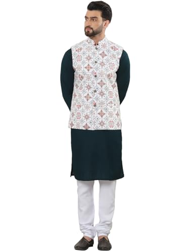Sojanya (Since 1958 Men's Pure Cotton Brown Kurta And White Pyjama With Printed Cream Nehru Jacket