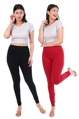 Image of TPF Women Solid Cotton Lycra 4 Way Stretchable Leggings | Combo Pack of 2 Comfortable Churidar-Length Slim Fit Leggings for Women & Girls