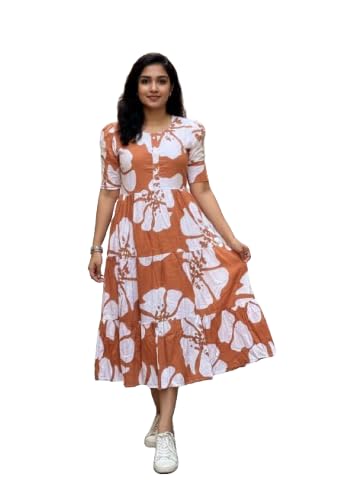 Summer Wear Women Midi Dress | Floral Print Knee Length One Piece Dress(Brown_White)-image-23