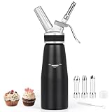 Sahnespender,Sahnesyphon Aluminium 500ml mit 3 Edelstahl Deko-Düsen (Lotus, Stern, Kreuz) & Reinigungsbürste,Aluminium Sahnesiphon für Schlagsahne, Mousse, Desserts, Heiße Getränke, Creme.Schwarz