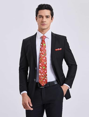Image of HISDERN Christmas Ties for Men Holiday Tie and Pocket Square Cufflinks Festival Party Xmas Funny Silk Woven Necktie