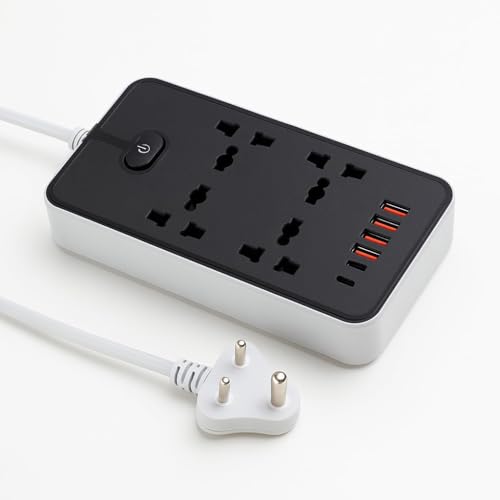 Image of Extension Board, Power Strip with 4 USB Ports and 4 Universal Socket, 2500W 10A Extension Cord, 3-Pin Surge Protector Power Strip for Home, Office, Computer, Mobile Charging (Z66-Black)