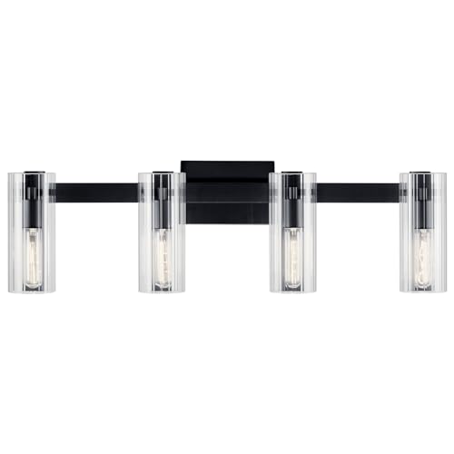 Image of Kichler Jemsa 4-Light Bathroom Vanity Light Fixture with Clear Fluted Glass in Black, Modern Wall Mount Vanity Lighting for Bathroom Over Mirror (9.75 in x 32 in), 55169BK