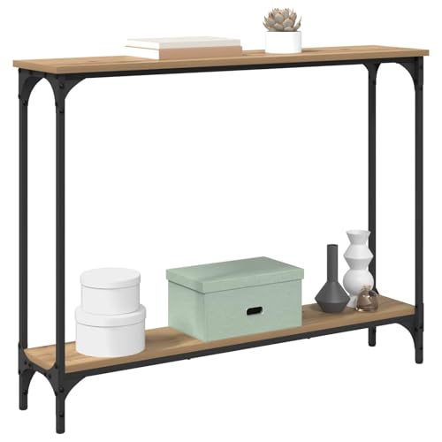 Mesa consola de roble Artisan de 100 cm con estante y marco de metal 4