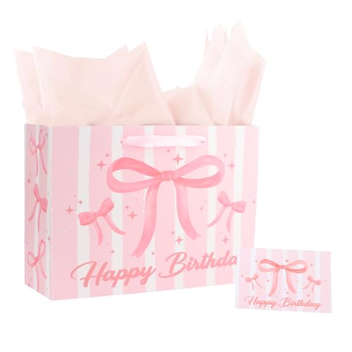 ACO-UINT Happy Birthday Gift Bags for Women Pink Bow Gift Bag with Tissue Paper and Ribbon Handles Pink Birthday Card Clearly Printed