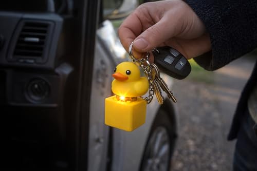 Image of Yellow Rubber Duck Keychain with LED Light & Sound - Cute Duck Key Ring Toy for Kids & Adults, ABS Plastic Body, 6 cm, Novelty Gift Keychain for Car Keys & Bags