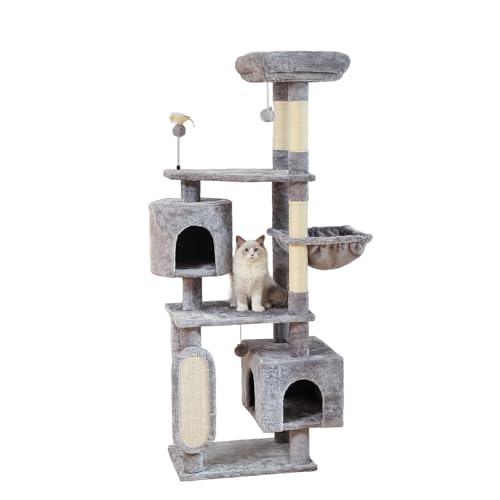 Hoopet 70-Inch Large Cat Tree for Multiple Cats Cat Tower with 2 Condos, Scratching Posts, Hammock & Platform, Plush Perch for Indoor Activity Relaxing Easy Assembly Grey by HOOPET - Used condition - US$43.29