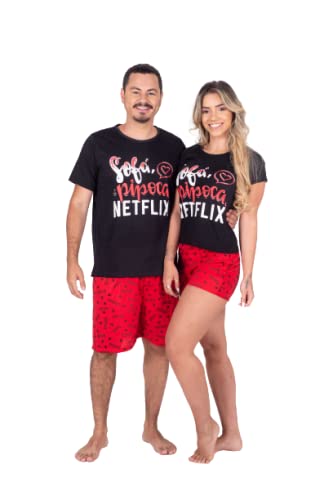 KIT 2 PIJAMAS TEMÁTICOS ADULTOS CASAL FAMÍLIA NETFLIX (MASCULINO G, FEMININO M)