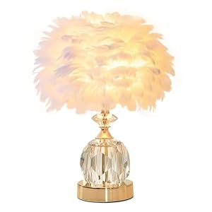 Weiße Feder Tischlampe mit Kristallbasis Romantische Feder Nachtlicht Feder Lampenschirm Dekorative Nachttisch Beleuchtung für Schlafzimmer, Wohnzimmer