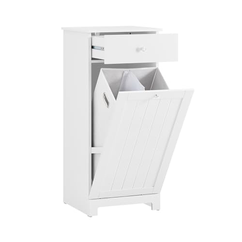 SoBuy Meuble Salle de Bain avec Panier à Linge Pliable et Tiroir, Armoire Toilette Placard Rangement, Colonne Salle de Bain Corbeille à Linge, Coffre à...