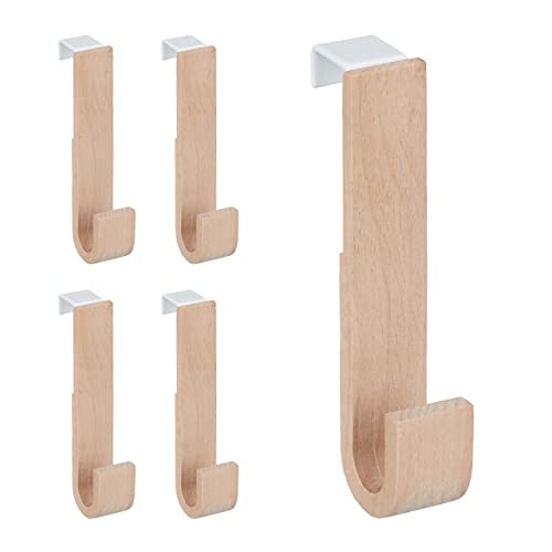 Relaxdays Ganchos Puerta Set 5 Madera y Hierro, Chaquetas, Toallas, Colgadores Pasillo, 13x2,5x6 cm, Blanco y Natural