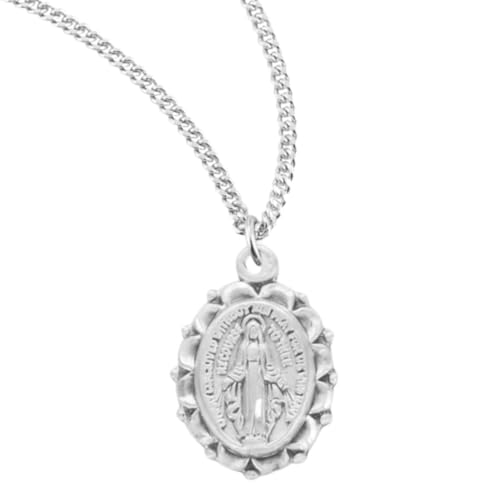 Women's .925 Sterling Silver Miraculous Medal with Scalloped Border, Virgin Mary Oval Pendant Necklace on 18 InchRhodium Plated Stainless Steel Chain, Catholic Medal Made in USA, Deluxe Velvet Gift Box
