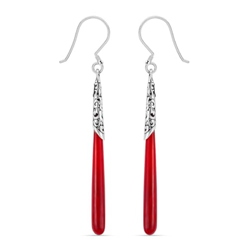 Shop LC Red Coral Dangle Earrings in 925 Sterling Silver – Coral Earrings Handmade Boho Jewelry for Women – Dangling Drop Statement Red Stone Earrings Christmas Gifts for Women