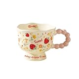 Huiyiwert Bonita taza de café de porcelana con asa, diseño floral, taza de cacao, diseño de frutas, taza de té creativa, taza de leche para niñas, mujeres, novia, colega, abuela, (fresa)
