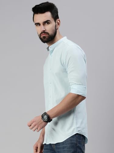 Image of SHOWOFFFF Men Solid Casual Shirt | Mandarin Collar Full Sleeves Cotton Shirt for Mens | Slim Fit Regular Length Shirt for Men's
