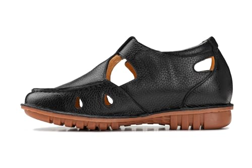 CALTO Men's Invisible Height Increasing Elevator Shoes - Black Premium Leather Lightweight Casual Fisherman Sandals - 2.8 Inches Taller - K0751 - Size 7.5 D(M) US3
