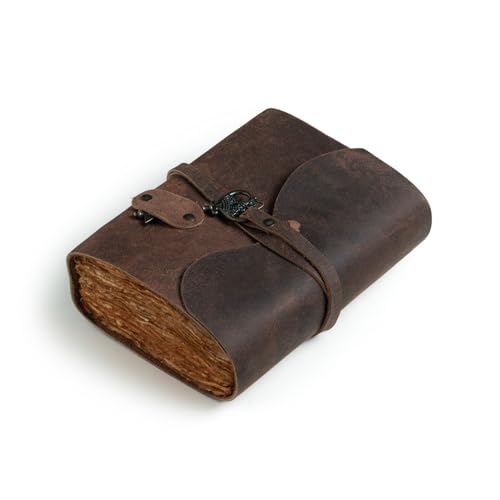 Vagalore Dark Brown Vintage Journal | Leather Diary for Men & Women | Unlined 200 Deckle-Edged Pages | Wrap Band with Key | Ideal for Writing, Journaling & Sketching (6 × 8)