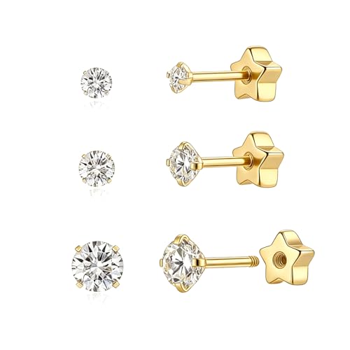 STJARNA つけっぱなし ピアス ネジ式 3ペアセット ジルコニア サージカルステンレス 金属アレルギー対応 目立たない ゴールド 星 キャッチ メンズ レディースの商品画像（Amazon）