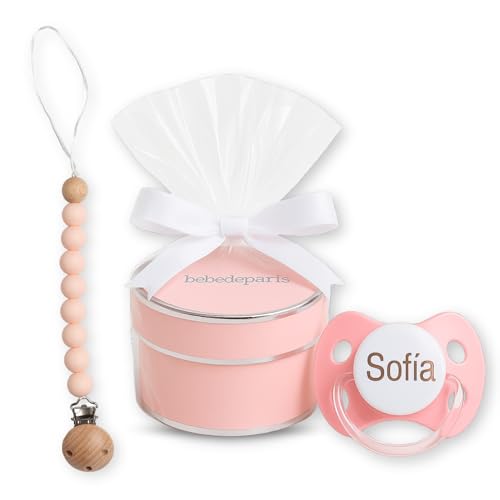 BebeDeParis | Chupete Bebé Personalizado con Nombre, Para Bebés de 0-6 Meses, Tetina de Silicona, Libre de BPA, Presentado en elegante caja vintage + Sujeta Chupete (Rosa) BebeDeParis | Chupete Bebé Personalizado con Nombre, Para Bebés de 0-6 Meses, Tetina de Silicona, Libre de BPA, Presentado en elegante caja vintage + Sujeta Chupete (Rosa)