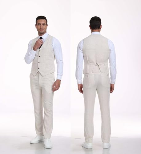Men's Linen Suits 2 Pieces Slim Fit Men Dress Casual Linen Suit Tuxedos Summer Beach Wedding Prom Vest Pants Set3