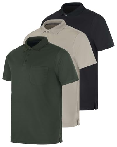 Real Essentials 3 Pack: Mens Short Sleeve Dry-Fit Collared Polo Shirt with Pocket - Active Casual (Available Big & Tall) - Main Image