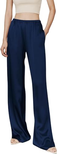 Kkaebi Women's Satin Silky Pants - Wide Leg Dress Pants Elastic High Waist Flowy Long Trousers Lounge Bottoms with Pockets, Navy, M